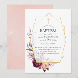 Invitación Marsala y Floral Beige Geométrico Bautizo