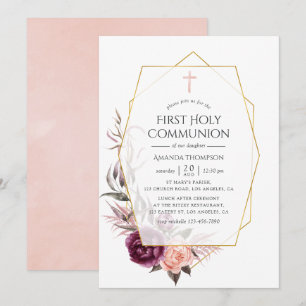 Invitación Marsala y Floral Geométrico Beige Primera Comunión