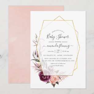 Invitación Marsala y floral geométrico sonrosado Baby Shower