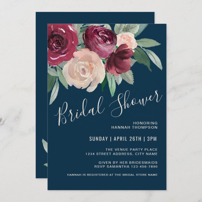 Invitación Marsala y la ducha marcial floral rosa Rubor (Anverso / Reverso)