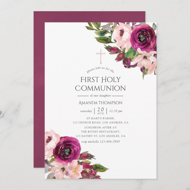 Invitación Marsala y la primera comunión floral de Rubor (Anverso / Reverso)