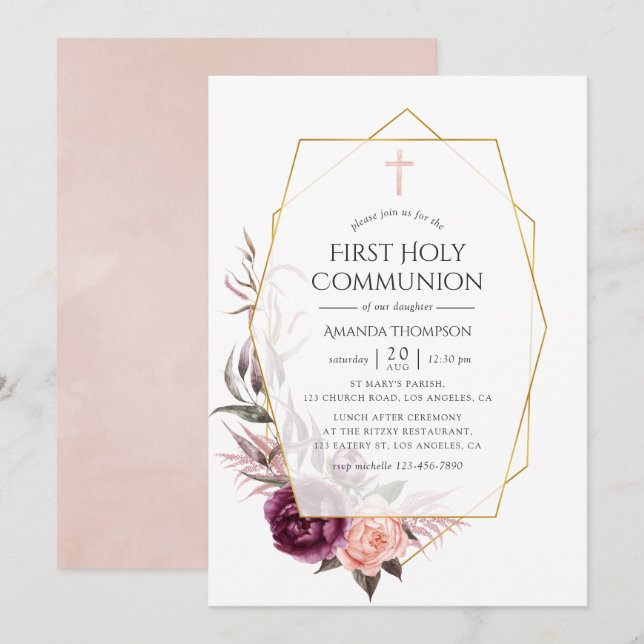 Invitación Marsala y la primera comunión geométrica floral de (Anverso / Reverso)