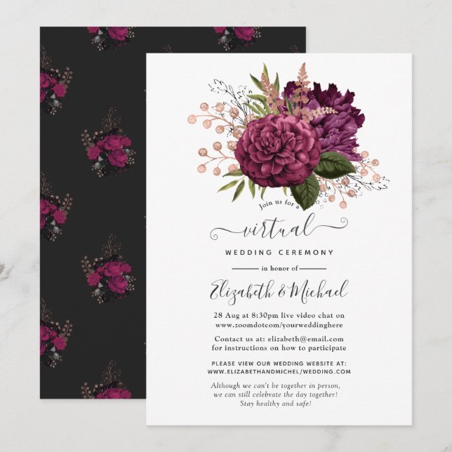 Invitación Marsala y Rosa Boda virtual de floral dorada (Anverso / Reverso)