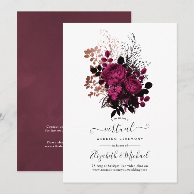 Invitación Marsala y Rosa Boda virtual de floral dorada (Anverso / Reverso)