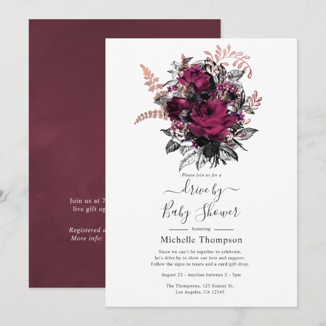 Invitación Marsala y Rosa Gold Floral Drive By Shower (Anverso / Reverso)