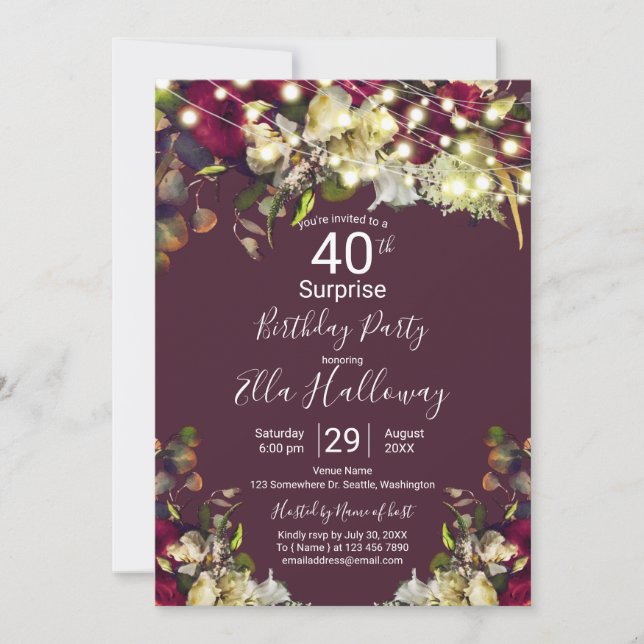 Invitación Marsala y Rosas de marfil 40.º Fiesta sorpresa (Anverso)