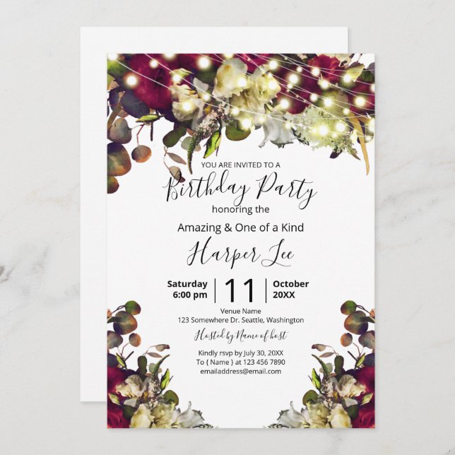 Invitación Marsala y Rosas de marfil acuarela Fiesta de cumpl (Anverso / Reverso)