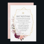 Invitación Marsala y Rubor Floral Geometric Bat Mitzvah<br><div class="desc">Invitación mitzvah del murciélago floral borgoñoso y rosa rubí con peonías y rosas con personalizable de marco geométrico de oro a los detalles de tu evento.</div>