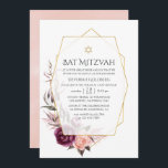 Invitación Marsala y Rubor Floral Geometric Bat Mitzvah<br><div class="desc">Invitación mitzvah del murciélago floral borgoñoso y rosa rubí con peonías y rosas con personalizable de marco geométrico de oro a los detalles de tu evento.</div>