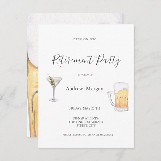 Invitación Martini acuarela, Fiesta de retiro de cerveza (Anverso / Reverso)