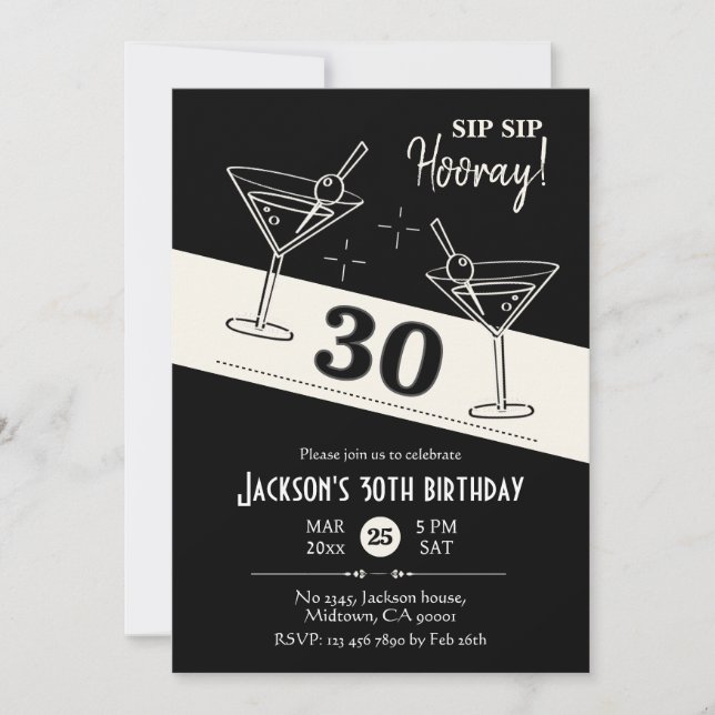 Invitación Martini blanco y negro de cóctel retro 30 cumpleañ (Anverso)