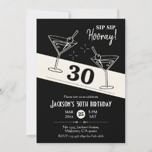 Invitación Martini blanco y negro de cóctel retro 30 cumpleañ