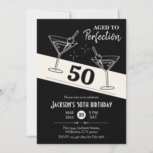 Invitación Martini blanco y negro de cóctel retro 50 cumpleañ (Anverso)