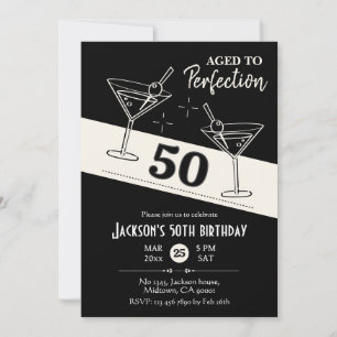 Invitación Martini blanco y negro de cóctel retro 50 cumpleañ