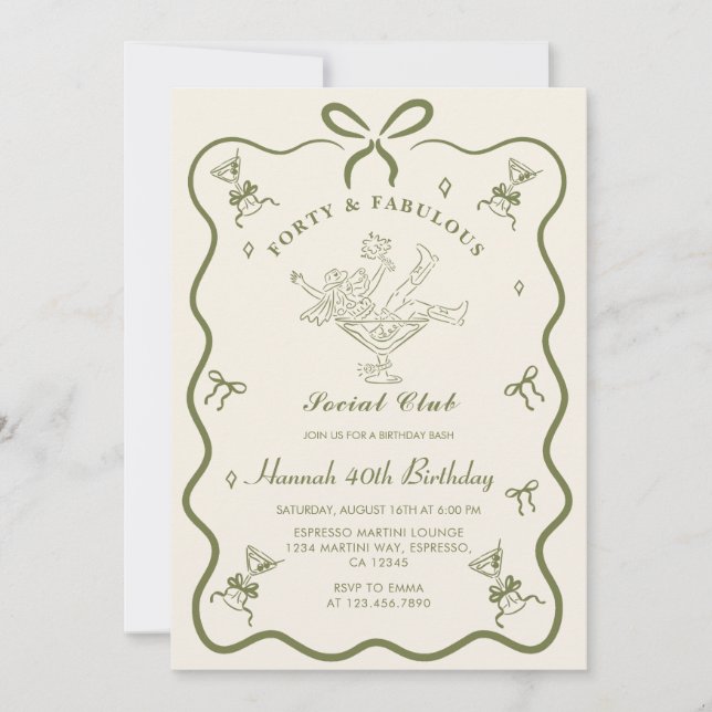 Invitación Martini Bow Cuarenta Cumpleaños, Un Poco Mayor De  (Anverso)