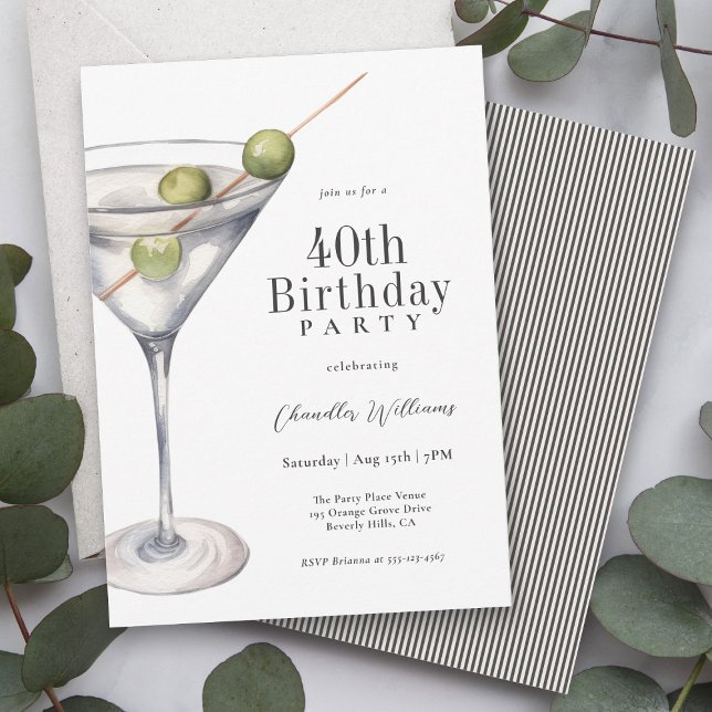 Invitación Martini Cocktail 40th Birthday Fiesta (Available as printed or paperless digital download!)