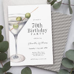 Invitación Martini Cocktail 70th Birthday Party<br><div class="desc">Una sofisticada invitación para fiestas de cumpleaños con un elegante cóctel de moda con un martini con 3 aceitunas. Se muestra aquí como una fiesta de cumpleaños número 70, puede personalizar la plantilla de texto para cualquier edad. Todo el texto puede ser personalizado para su fiesta. Esta invitación está disponible...</div>