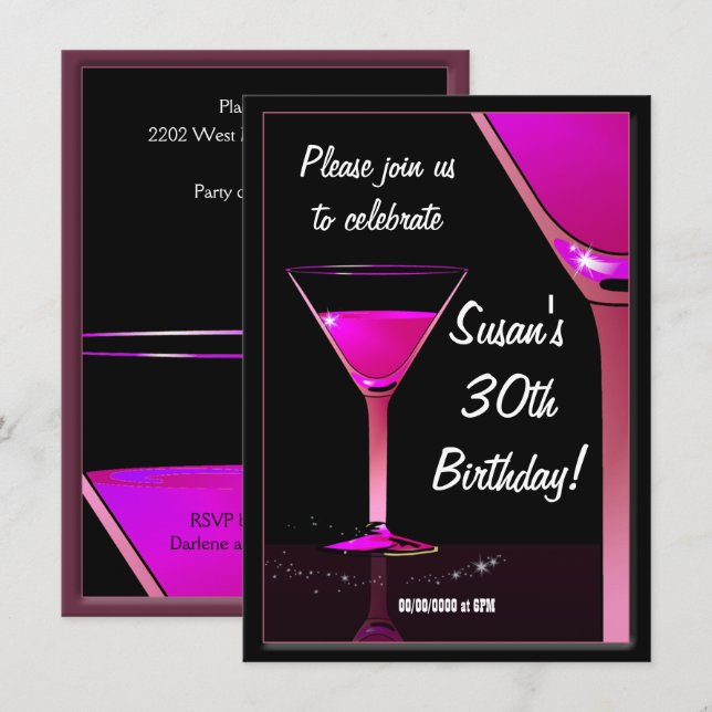 Invitación Martini Cocktail Pink Birday Party (Anverso / Reverso)