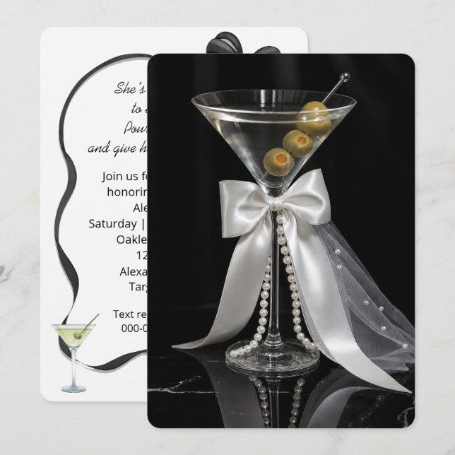 Invitación Martini de Despedida de Soltera con Velo y Perlas (Anverso / Reverso)