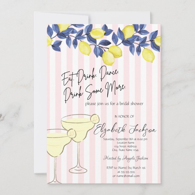 Invitación Martini de limones azules acuarela con rayas rosad (Anverso)