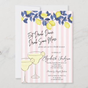 Invitación Martini de limones azules acuarela con rayas rosad
