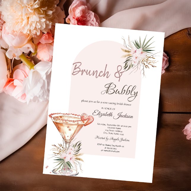 Invitación Martini Glass Heart Boho Flores Brunch & Bubbly (Subido por el creador)