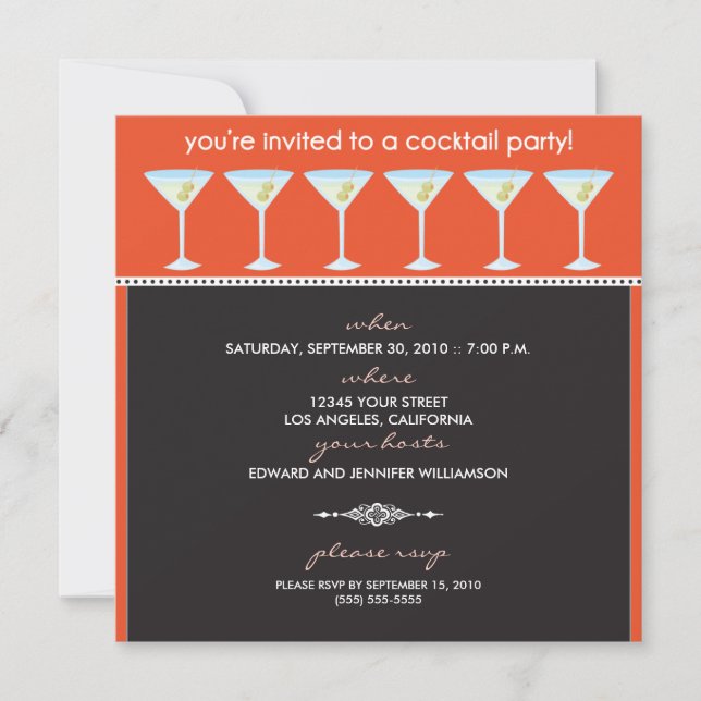 Invitación Martini Glasses Cocktail Party Invitation (naranja (Anverso)