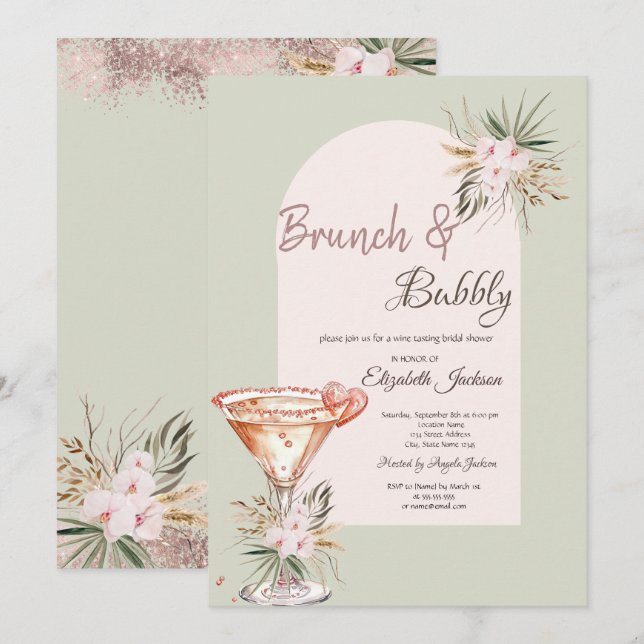 Invitación Martini Heart Boho Flores Brunch & Bubbly (Anverso / Reverso)