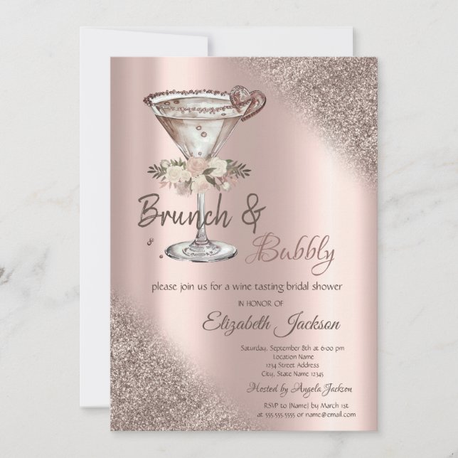 Invitación Martini Heart Purpurina Bokeh Brunch & Bubbly (Anverso)