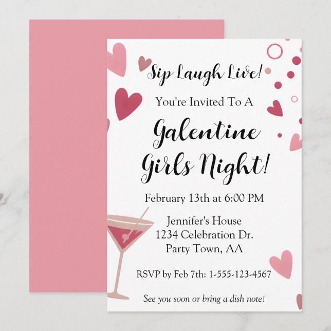 Invitación Martini Rosa Noche de Chicas de Galentines (Anverso / Reverso)