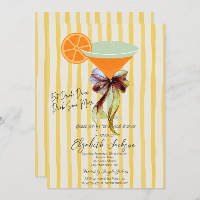 Invitación Martini Yellow Stripes Bow Bridal Shower  (Anverso / Reverso)