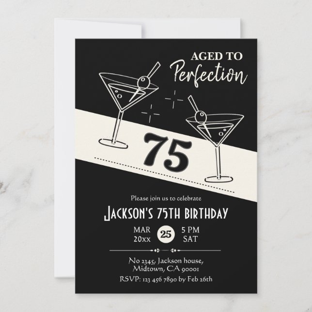 Invitación Martinini blanco y negro 75º cumpleaños (Anverso)