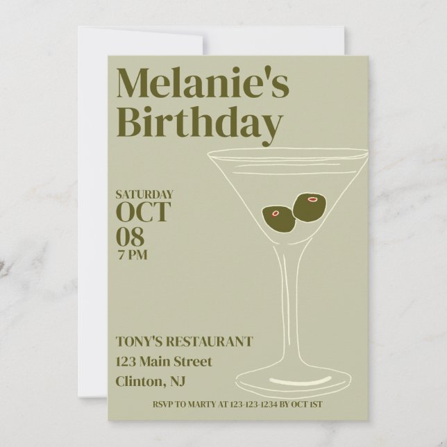 Invitación Martinis Birthday Party (Anverso)