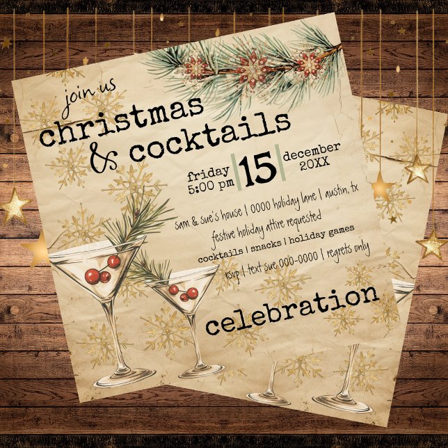 Invitación Martinis de vacaciones Fiesta de pino rústico y co (Christmas cocktails - rustic customizable party invitation with martinis and berries and pine)