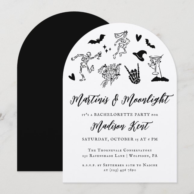 Invitación Martinis & Moonlight Spooky Whimsical Bachelorette (Anverso / Reverso)