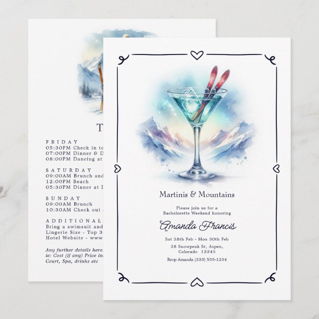 Invitación Martinis y Montañas Despedida de Soltera en Aspen  (Anverso / Reverso)