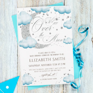 Invitación Más allá de la Luna Azul Plateado Baby Shower Niño