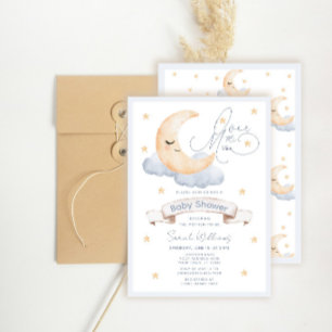 Invitación Más allá de la Luna Estrellas Doradas Bebe Azul Fi