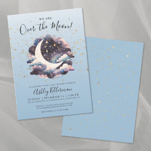 Invitación Más allá de la Luna Estrellas Doradas Bebe Azul Fi