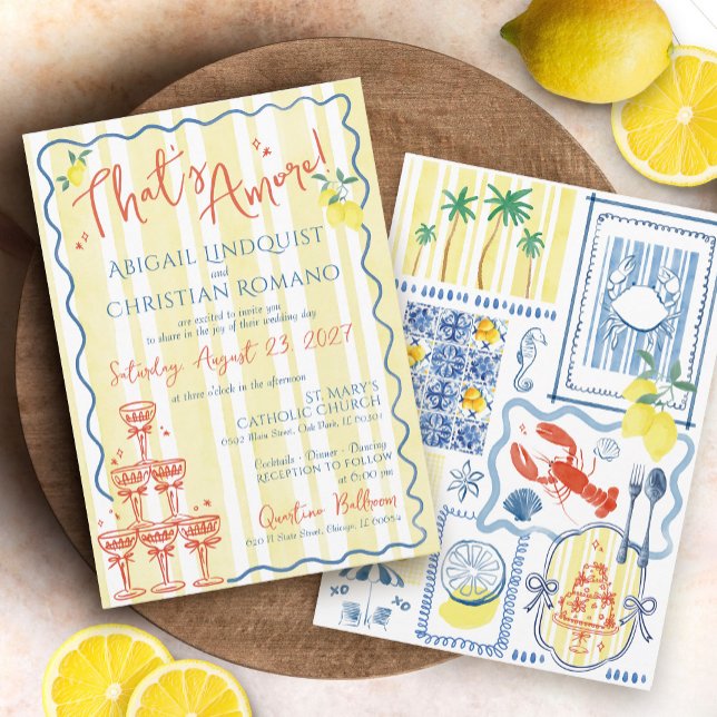 Invitación Más Boda italiano de la costa azul de Lemons (Hand drawn Italian blue and yellow striped coastal ocean mediterranean tiles lemon wedding invite)