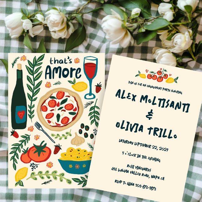 Invitación Más PERSONALIZADO de ducha de compromiso de comida (That's Amore Italian Food Engagement Wedding Shower CUSTOM Invitation Couples Pizza Wine
)