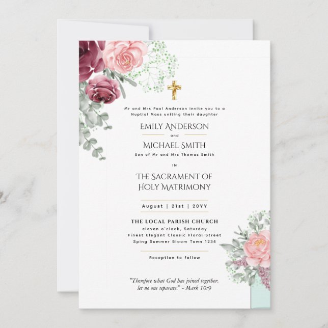 Invitación Masa Nupcial de Boda católico floral de Borgoña (Anverso)
