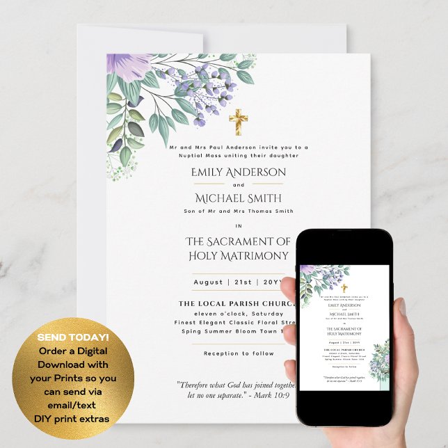 Invitación Masa Nupcial de Boda Católico Floral Púrpura (Subido por el creador)