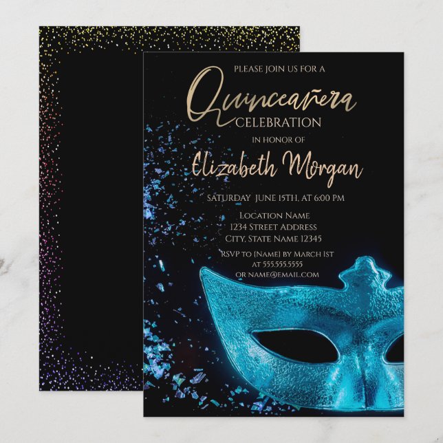 Invitación Máscara Azul, Confeti Quinceañera  (Anverso / Reverso)