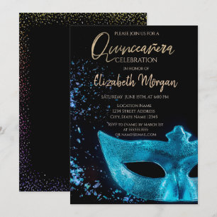 Invitación Máscara Azul, Confeti Quinceañera 