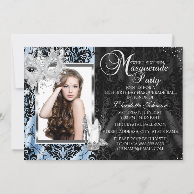 Invitación Mascara azul elegante y tacones Masquerade Foto Sw (Anverso)
