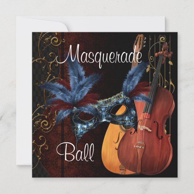 Invitación Máscara Azul Instrumentos Musicales Masquerade Bal (Anverso)