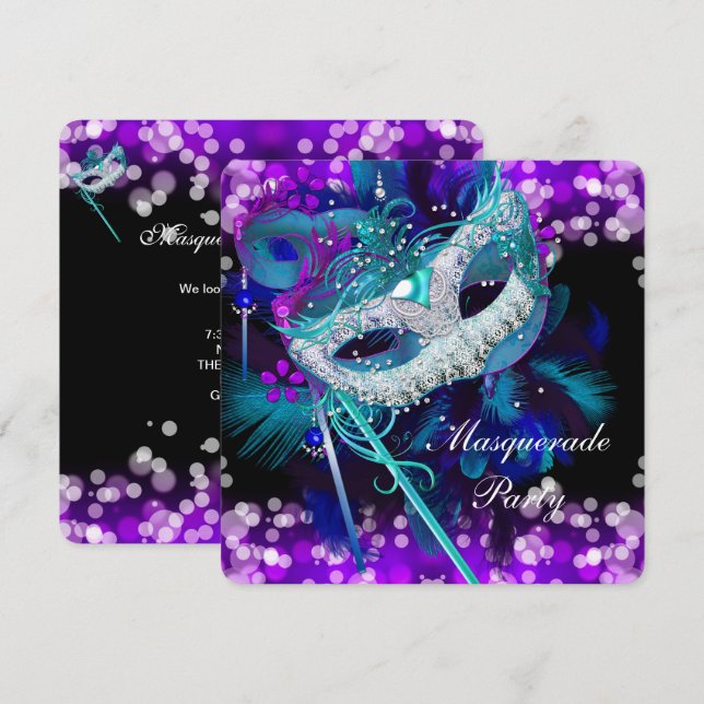 Invitación Máscara azul morada Verde azulada de Fiesta de bol (Anverso / Reverso)