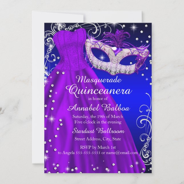 Invitación Máscara azul púrpura y mascarada de vestir Quincea (Anverso)