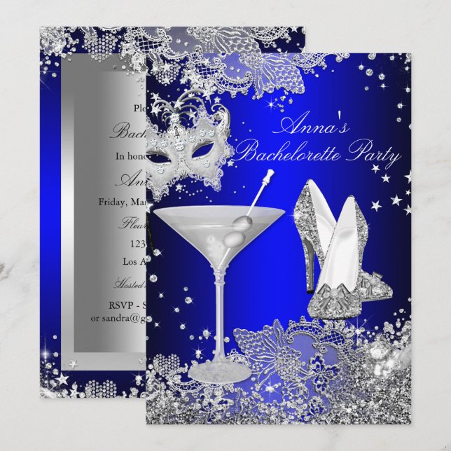 Invitación Máscara Azul Real y Fiesta de Despedida de Soltera (Anverso / Reverso)